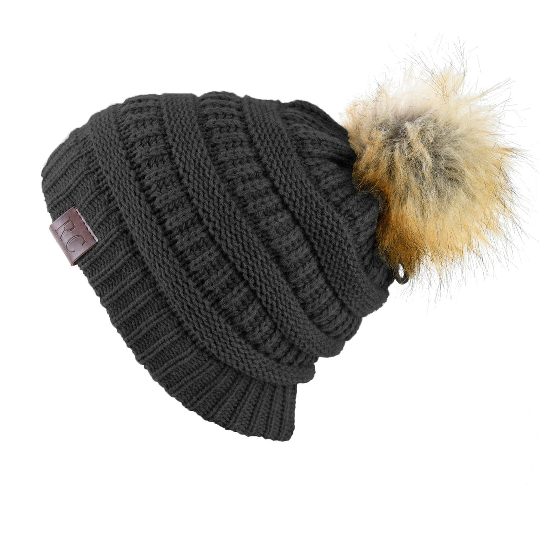 Faux Fur Pom Pom Beanie Black - Rich Cotton