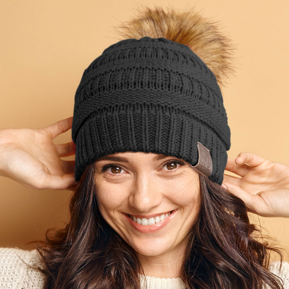 Faux Fur Pom Pom Beanie Black - Rich Cotton